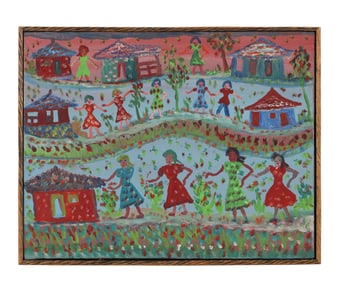 Haitian 20th C Village Scene Folk Art Oil Painting