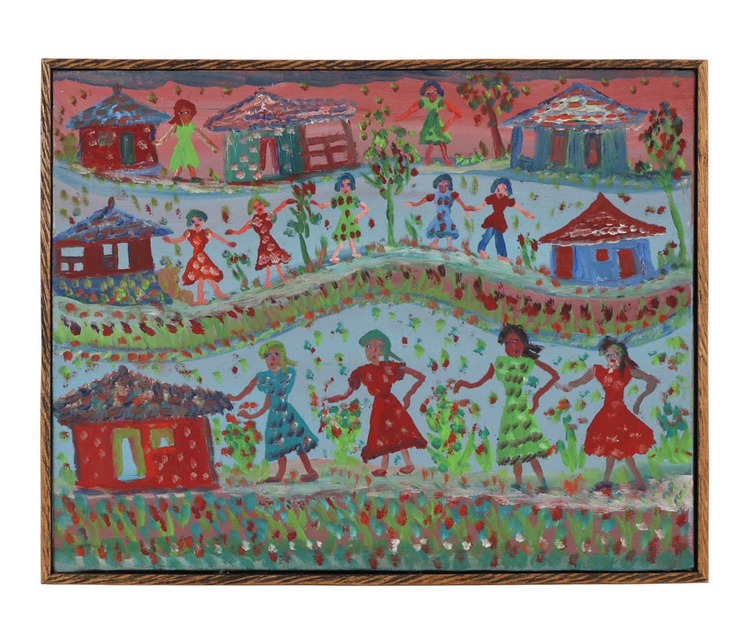 Haitian 20th C Village Scene Folk Art Oil Painting: Haitian School (20th Century), oil painting on canvas depicting a vibrant outdoor village scene. The composition features women in patterned dresses dancing and moving through a colorful landscape fil