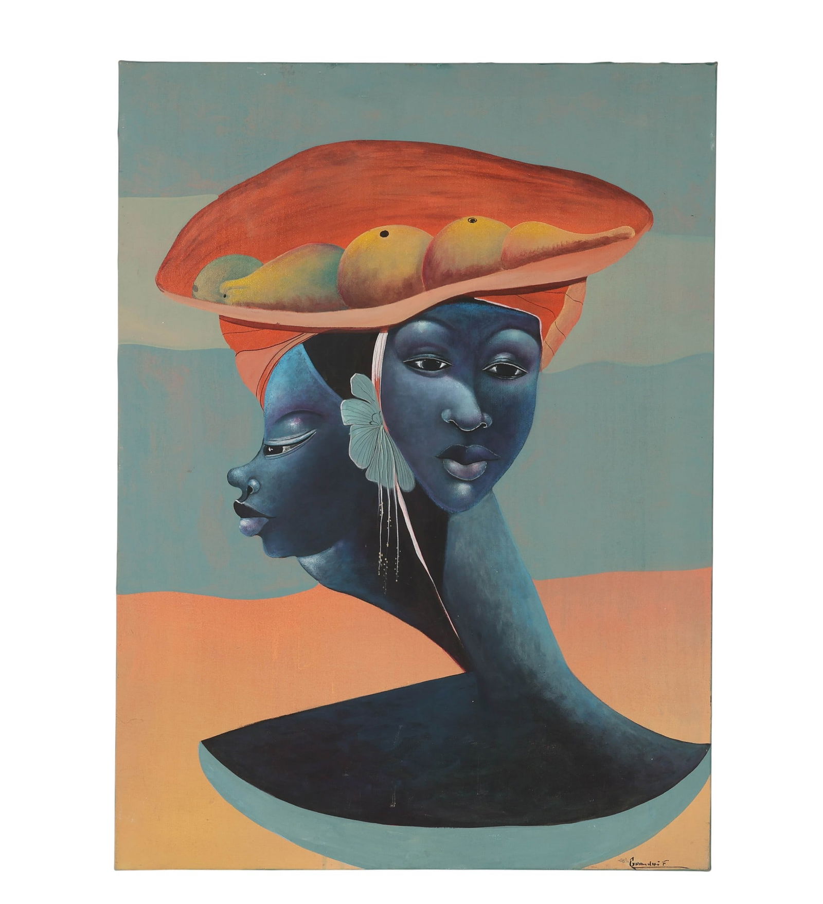 Women w/ Fruit Basket Haitian Oil Painting SIGNED: Haitian (20th Century), oil painting on canvas depicting two stylized, elongated surreal faces rendered in blue tones. Above the figures, a symbolic arrangement of fruit is shown contained within a ba