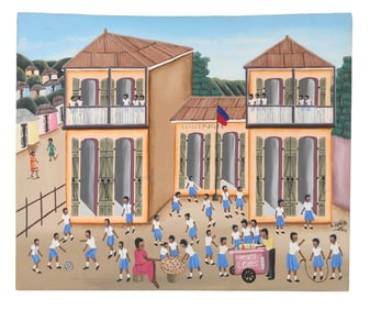 Haitian School Yard Scene Folk Art Painting SIGNED