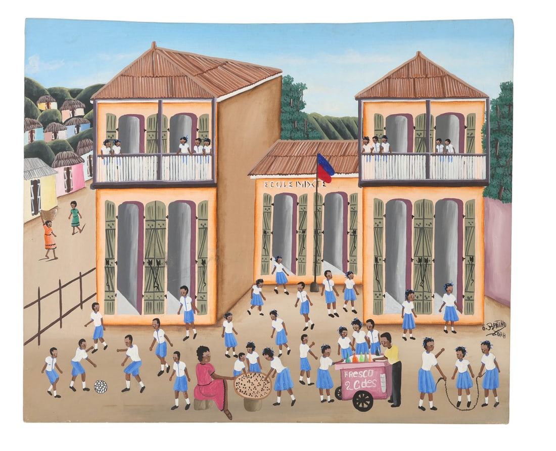 Haitian School Yard Scene Folk Art Painting SIGNED: Haitian (20th century), folk art painting on canvas depicting a vibrant schoolhouse scene centered around a two-story building labeled "Ecole Mixte." The courtyard is filled with children in blue and
