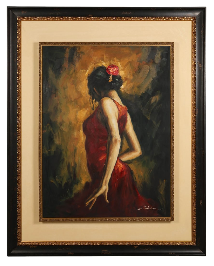 Merida Josiah b.1976 Lady Flamenco Dancer Painting: Merida Josiah (20th century), oil on canvas depicting a standing female Flamenco dancer wearing a vivid red dress with a matching red flower in her hair. Signed "Josiah" at the lower right. Presented