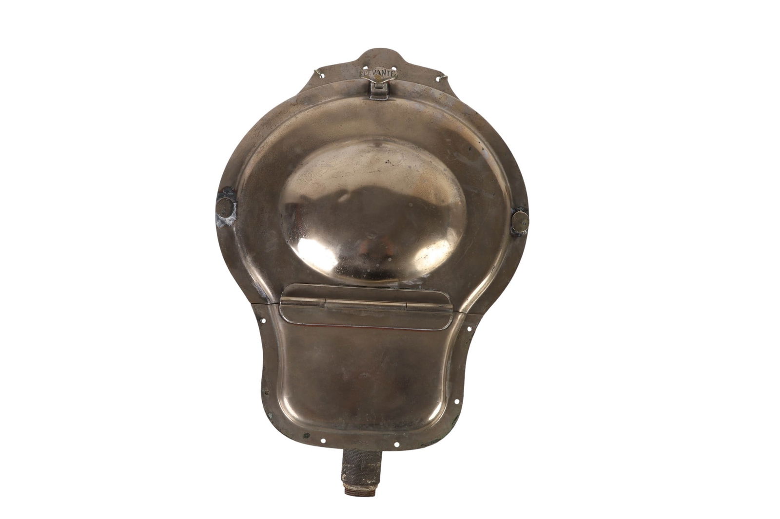 English J Beresford & Son Folding Navel Ships Sink: Antique "Levante" folding metal ships sink manufactured by J. Beresford & Son of Birmingham, England. The unit features a domed hinged front labeled "LEVANTE," which folds down to reveal an integrated