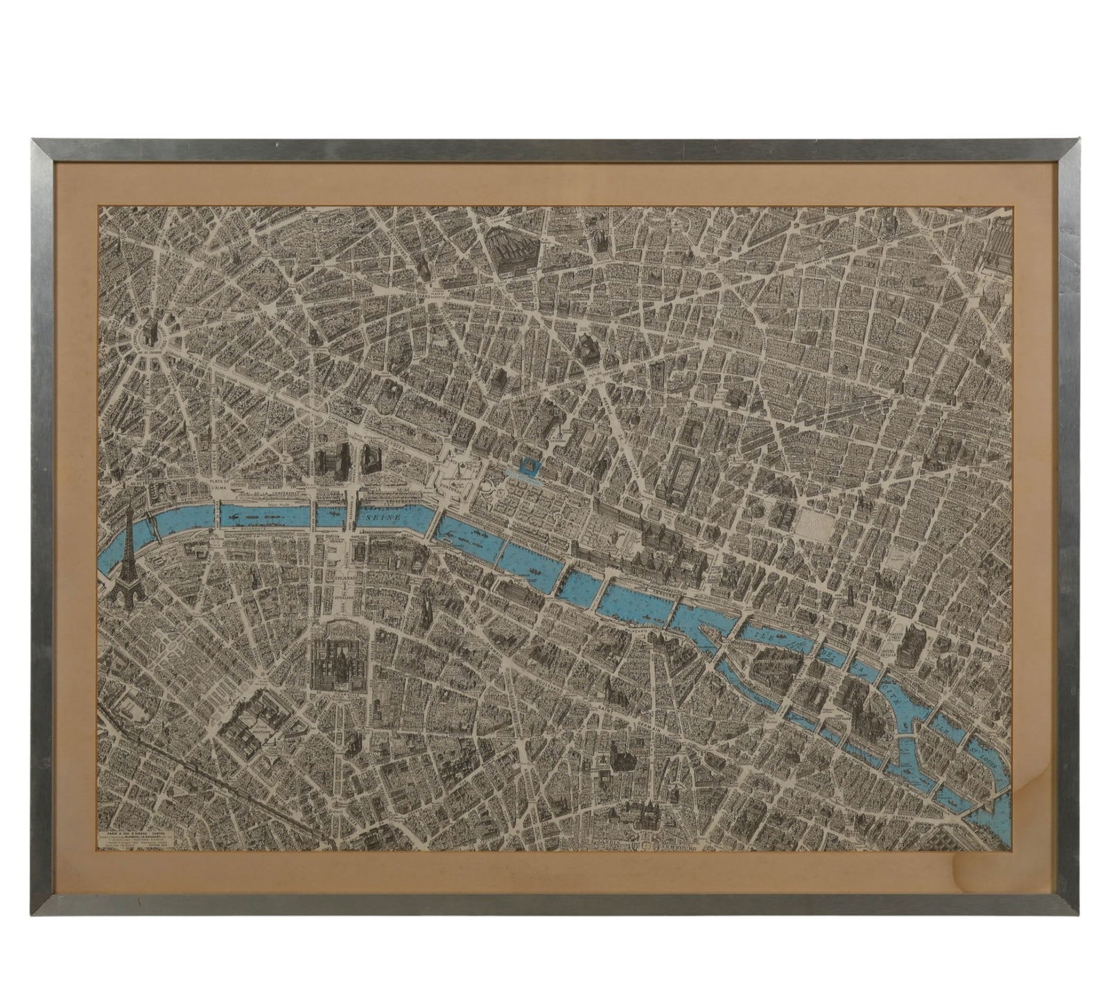 Vintage Blondel La Rougery Birds Eye Map of Paris: French color printed birds-eye map on paper of central Paris titled Paris a Vol dOiseau - Centre, published by Blondel La Rougery, Paris. This edition is dated 1973, with the cartography credited to C