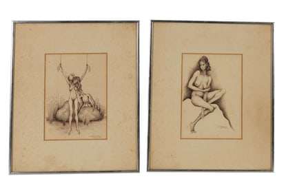 Two Pen and Ink illustrations of Nude Woman LOT