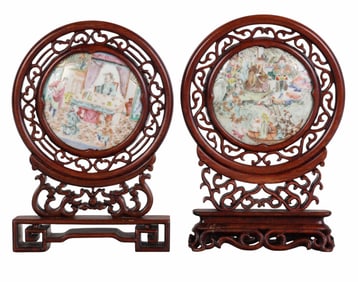 Chinese Famille Rose Porcelain Plaques with Stands