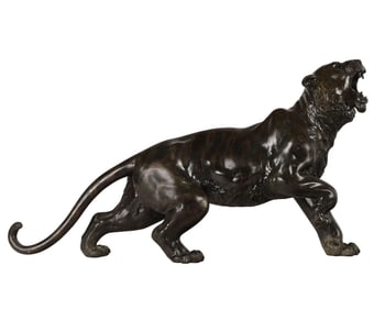 Japanese Bronze Prowling Tiger Sculpture SIGNED