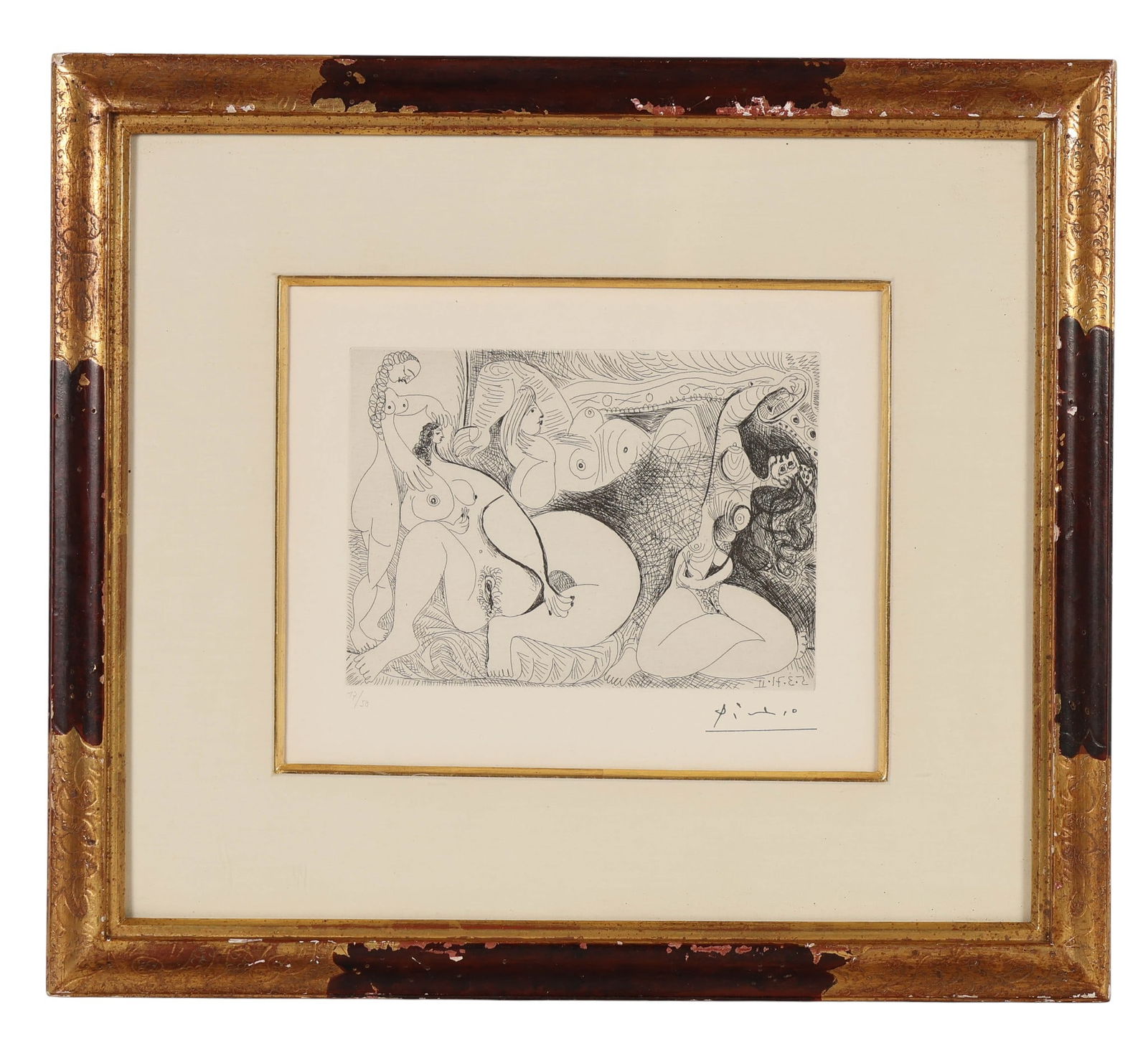 Pablo Picasso 1881-1973 Series 156:068 Etching: Pablo Picasso (Spanish, 1881-1973), etching on paper from the artists 156 Series, depicting multiple nude figures in a stylized interior setting. The composition reflects Picassos late-period explorat
