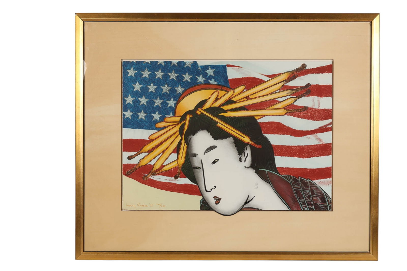 Larry Rivers 1923-2002 Madama Butterfly '78 SIGNED: Larry Rivers (American, 1923-2002), Madama Butterfly, 1978, color lithograph on paper depicting a stylized portrait of a geisha figure set against an American flag backdrop. The work is signed and dat