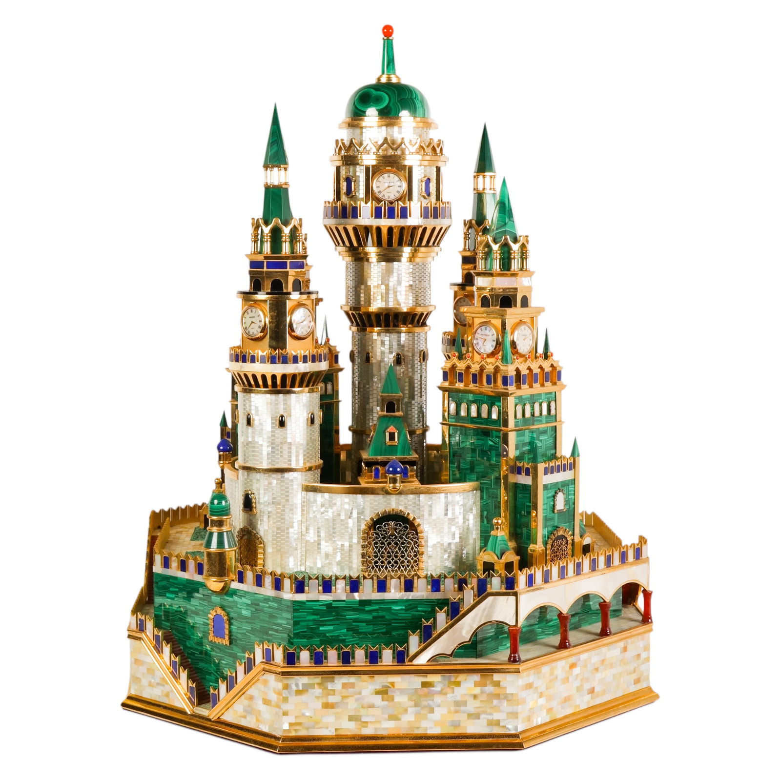 Faberge Style 24k Plated Gemstone Castle Clock WOW: Palace-sized Faberge-style architectural model composed of five ornate tower forms integrated with functional clock faces, each representing a different international city including Paris, Frankfurt,