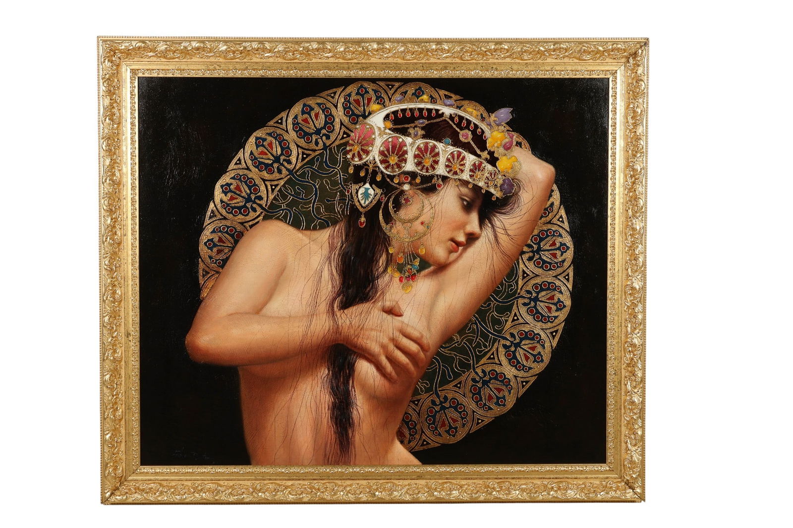 Fabian Anton Navarro b.1976 Muse I Oil Painting: Fabian Anton Navarro (Peruvian, born 1976), Muse I, an oil on canvas painting depicting a partially draped ethereal female figure posed with one arm raised behind her head. The subject is adorned with