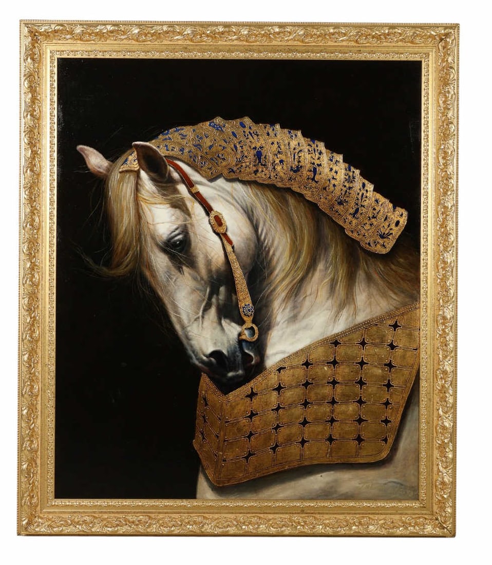 Fabian Navarro b.1976 Caballo Bianco Oil Painting: Fabian Anton Navarro (Peruvian, born 1976), Cavallo Bianco, oil on canvas painting depicting an ethereal white horse richly adorned with elaborate ornamental tack and barding in gold and blue tones. T