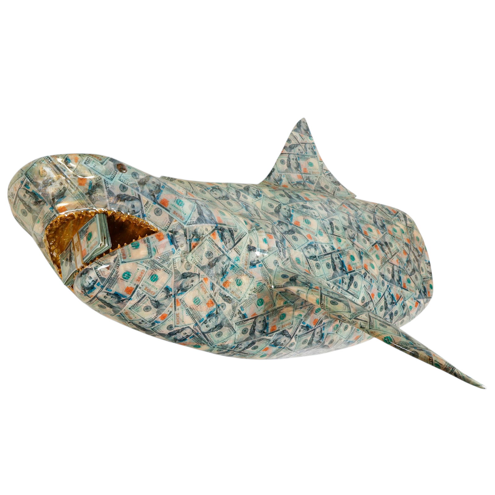 Paul Nagy 20/21C The Loan Shark Wall Art Sculpture: Paul Nagy (American, 20th-21st century), Loan Shark, a contemporary mixed media wall sculpture featuring a stylized shark form adorned with high-resolution U.S. $100 bill graphics. The three-dimension