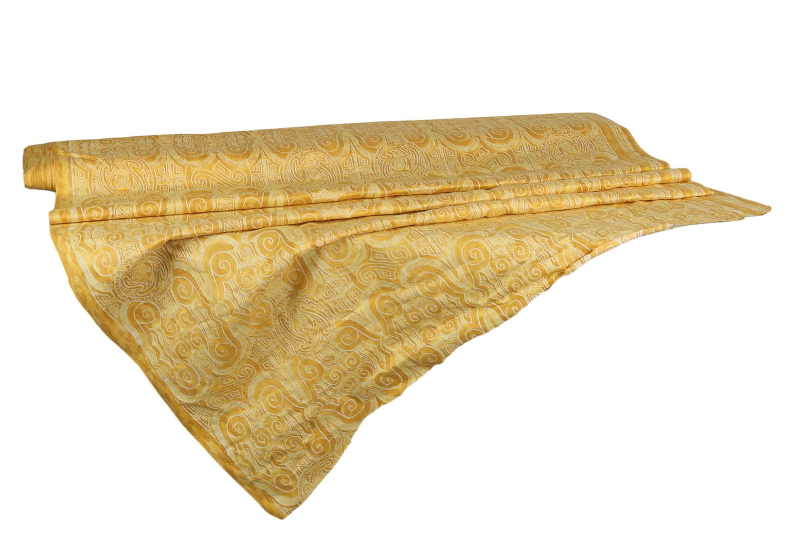 Fortuny Peruviano Inca Yellow Fabric : 32 Yards: Fortuny luxury designer textile fabric in the rare Peruviano Inca pattern, featuring antique yellow monotones with stylized agricultural and zoomorphic figures reminiscent of ancient Nazca line imager
