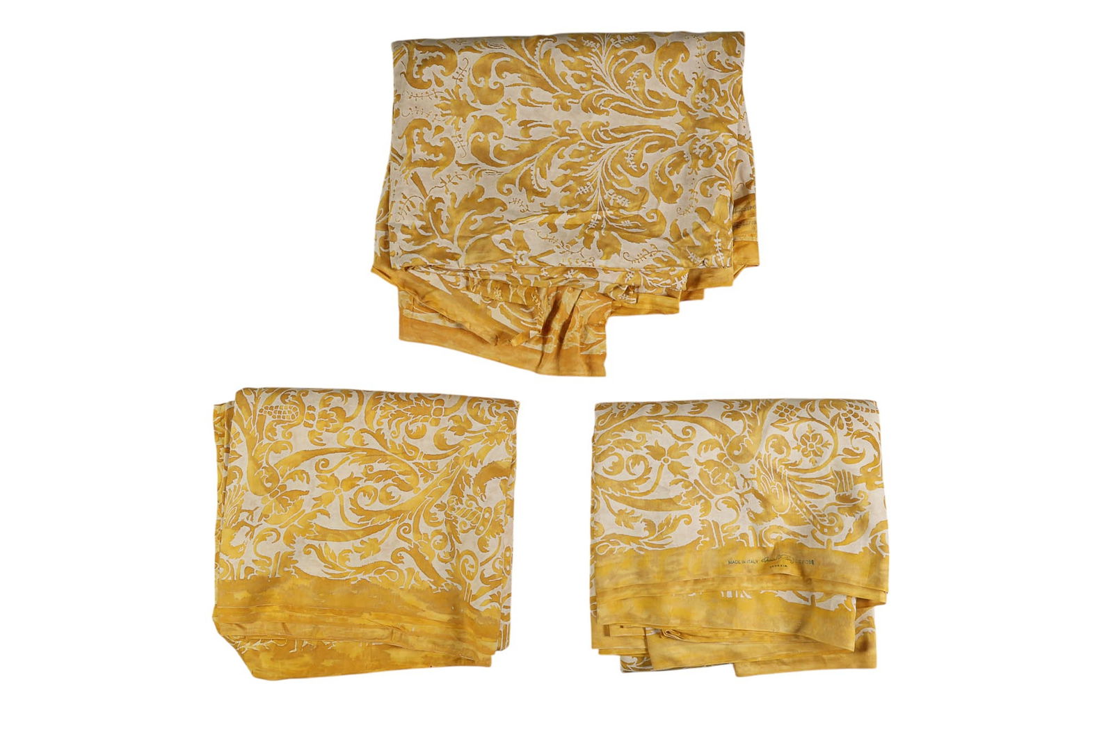 Fortuny Uccelli Yellow Monotones Fabric : 27 yards: Fortuny luxury designer textile fabric in the limited Peruviano Inca pattern, showcasing antique yellow monotones with stylized agricultural and zoomorphic motifs inspired by ancient Nazca line imager