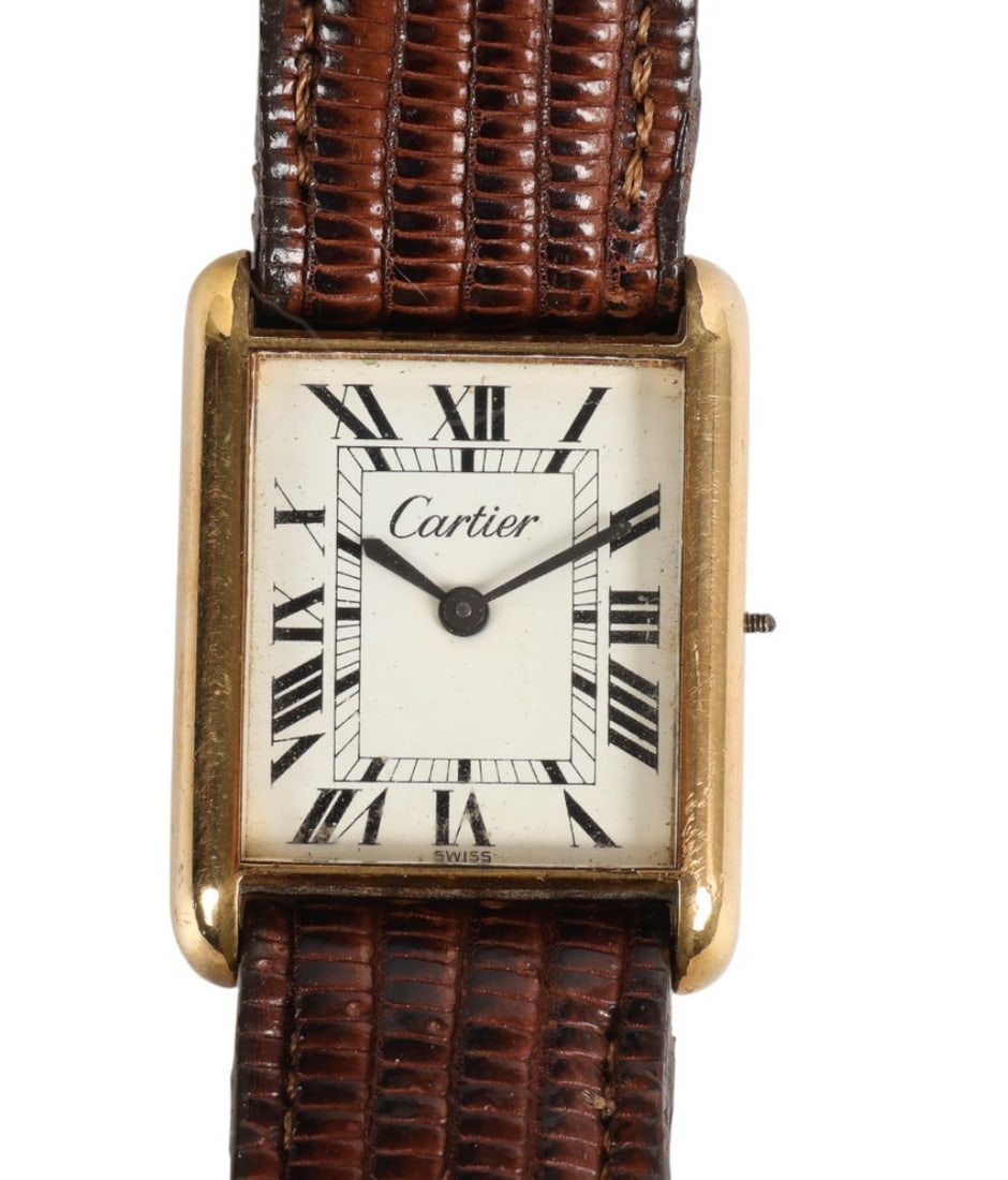 18K Gold Gilt Cartier Tank Plaque Swiss Wristwatch: 18k gold vermeil over metal vintage ladies' Cartier Tank wristwatch with Swiss manual movement, featuring a white dial with Roman numerals and an 18k yellow gold-plated case. Includes a brown embossed