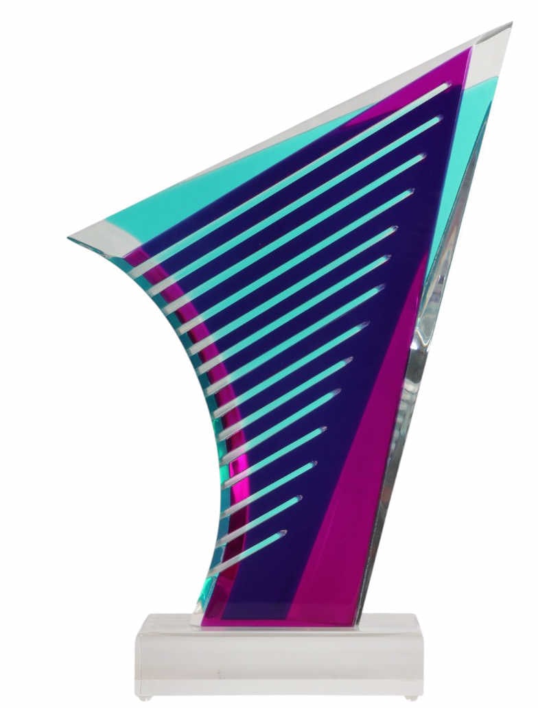 Shlomi Haziza B.1969 Acrylic Art Sculpture SIGNED: Shlomi Haziza (Israeli, born 1969), a modern lucite acrylic sculpture featuring intersecting planes of layered translucent and opaque elements in a geometric form. Mounted on a clear acrylic plinth. S