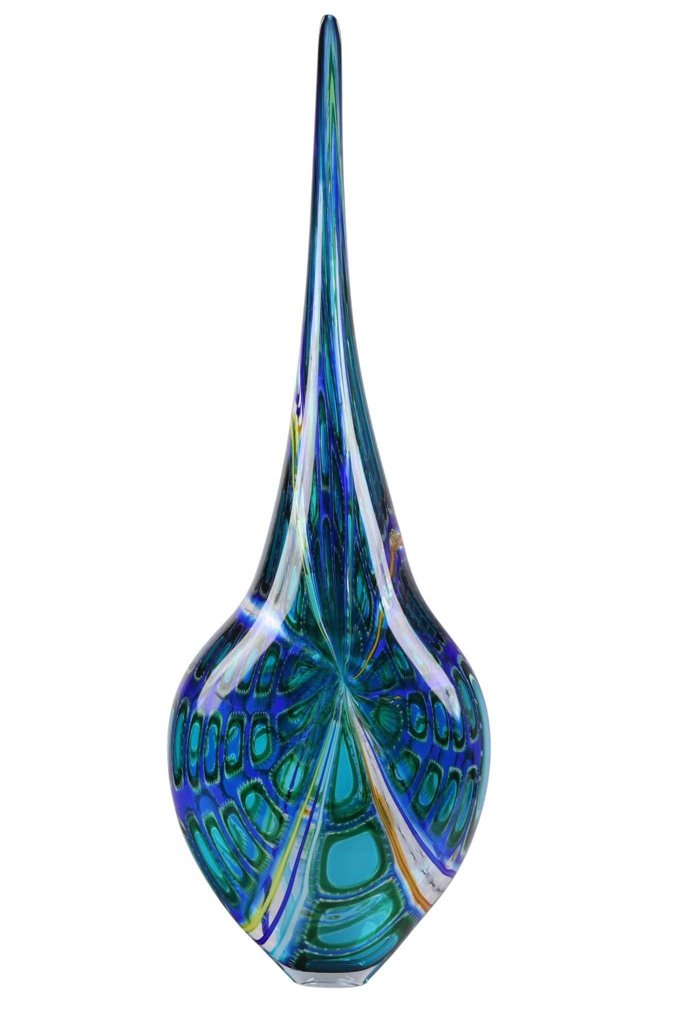 David Patchen b1966 Studio Art Glass 41" Sculpture: David Patchen (American, born 1966), a contemporary studio art glass sculpture in a tall, elongated teardrop form, executed with pulled cane and murrine techniques in blue, green, teal, and purple ton