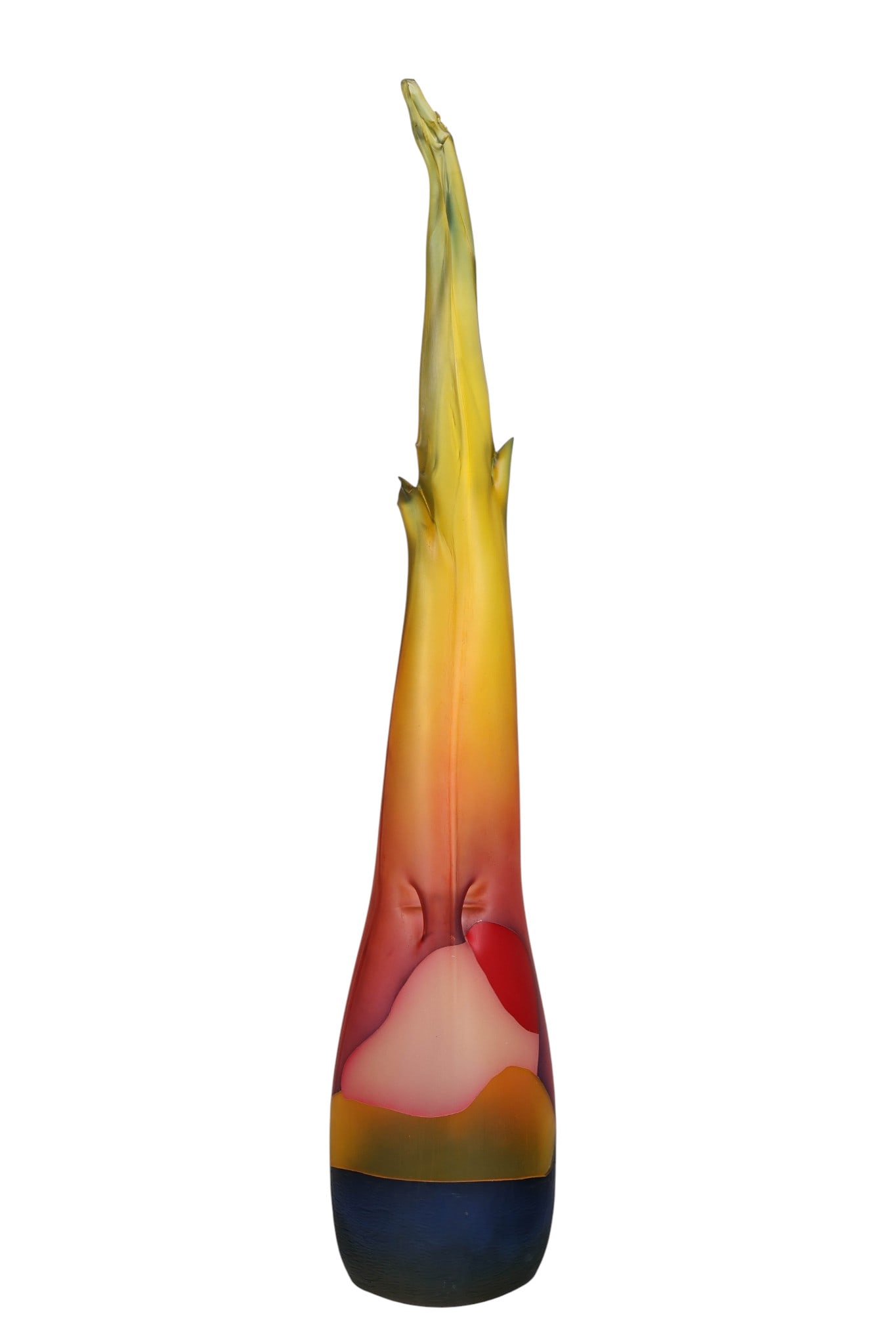 Danny Perkins b.1955 Art Glass 60" Floor Sculpture: Danny Perkins (American, born 1955), a tall studio art glass floor sculpture featuring an elongated hand-blown form. The surface shows a matte satin finish in a gradient of olive green, amber, burgund