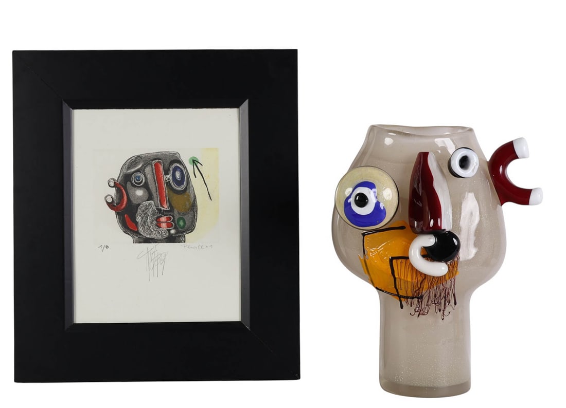 C.Kiefhaber b.1941 Art Glass Sculpture & Litho LOT: Christopher Kiefhaber (Austrian, born 1941), a hand-blown art glass figural head sculpture and color lithograph on paper. The sculpture, titled Phallo #1, features applied abstract facial elements in