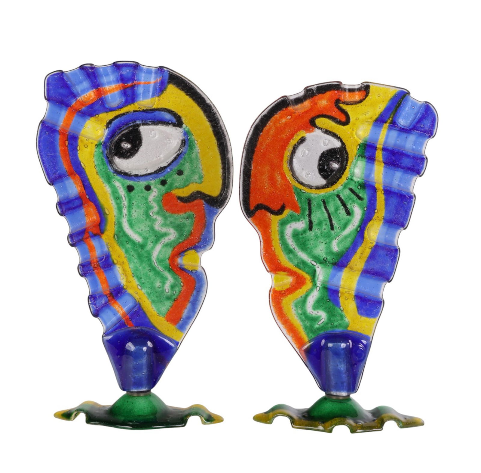 Silvio Vigliaturo b.1949 Murano Art Glass Faces: Silvio Vigliaturo (Italian, born 1949), "Amanti Lontani" and "Testa Piccola," two Murano studio art glass sculptures in the form of stylized abstract faces. Crafted from multicolor fused and slumped g