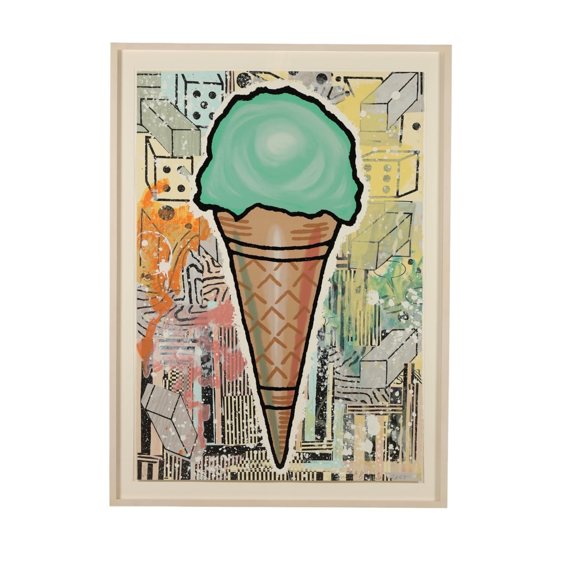 Donald Baechler 1956-2022 Green Cone L/E SIGNED: Donald Baechler (American, 1956-2022), Green Cone, 2007, color silkscreen on paper, featuring a modern central ice cream cone motif over a layered graphic background composed of 31 colors. The work is