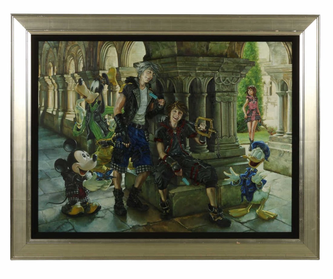 Heather Edwards (20C.) Hero Introduction Painting: Heather Edwards (American, 20/21st century), Introduction of a Hero, original on board featuring characters from Disneys Kingdom Hearts series, including Mickey Mouse, Donald Duck, Goofy, and other ch
