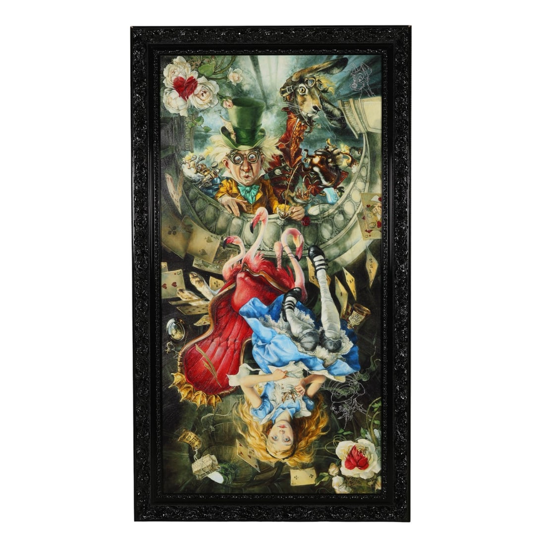 Heather Edwards (20C.) DISNEY Alice in Wonderland: Heather Edwards (American, 20th/21st century), a mixed media embellished giclee on canvas titled Alice in Wonderland, depicting an imaginative scene inspired by Lewis Carrolls classic tale. The richly