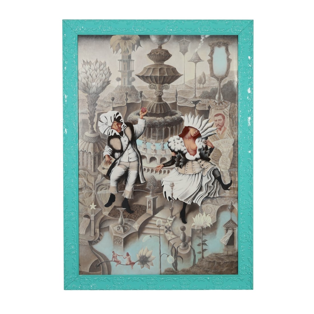 Igor Fomin b.1963 La Indiferencia Lolia Painting: Igor Fomin (Belarusian, born 1963), La Indiferencia de Lolita, oil on canvas depicting male and female central figures in theatrical Elizabethan-style dress within a dreamlike architectural landscape.