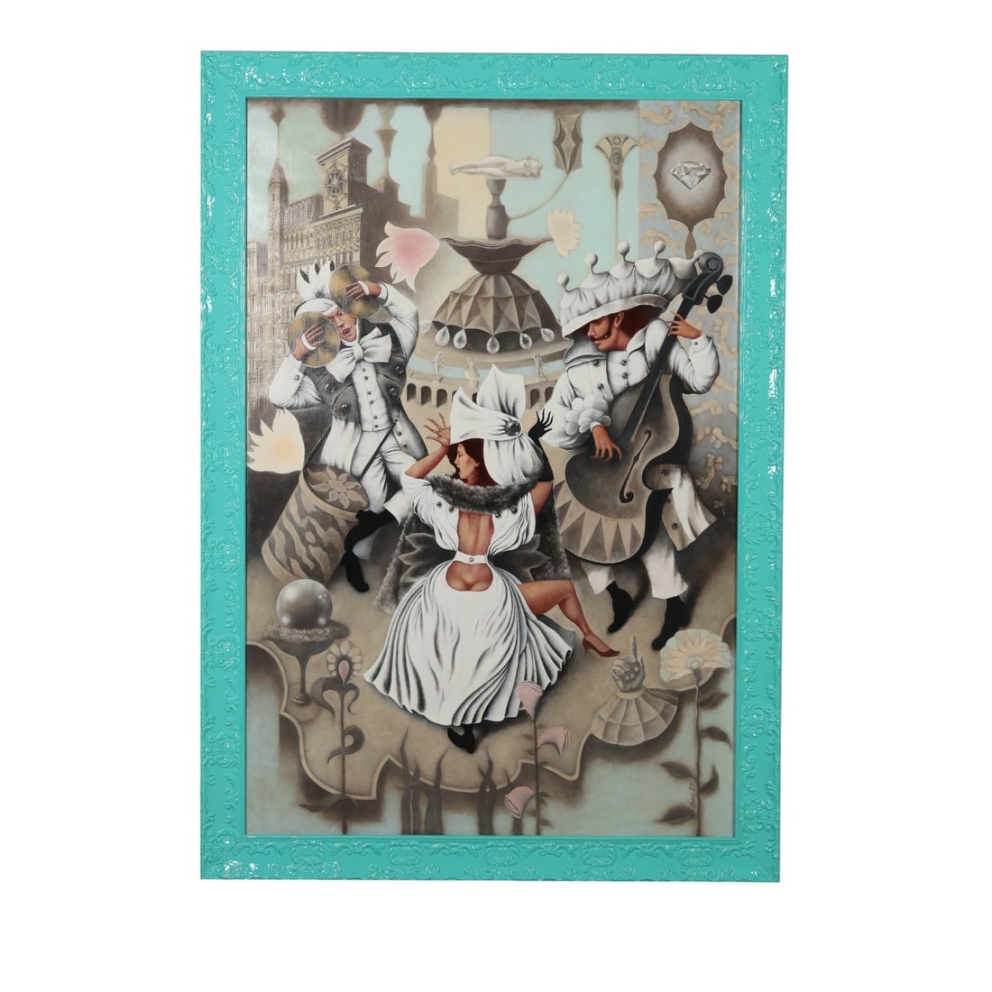 Igor Fomin b1963 Las Coplas Frivas Oil Painting: Igor Fomin (Belarusian, born 1963), Las Coplas Frivas , oil on canvas depicting a central female figure surrounded by architectural and figurative elements arranged in a staged narrative composition a