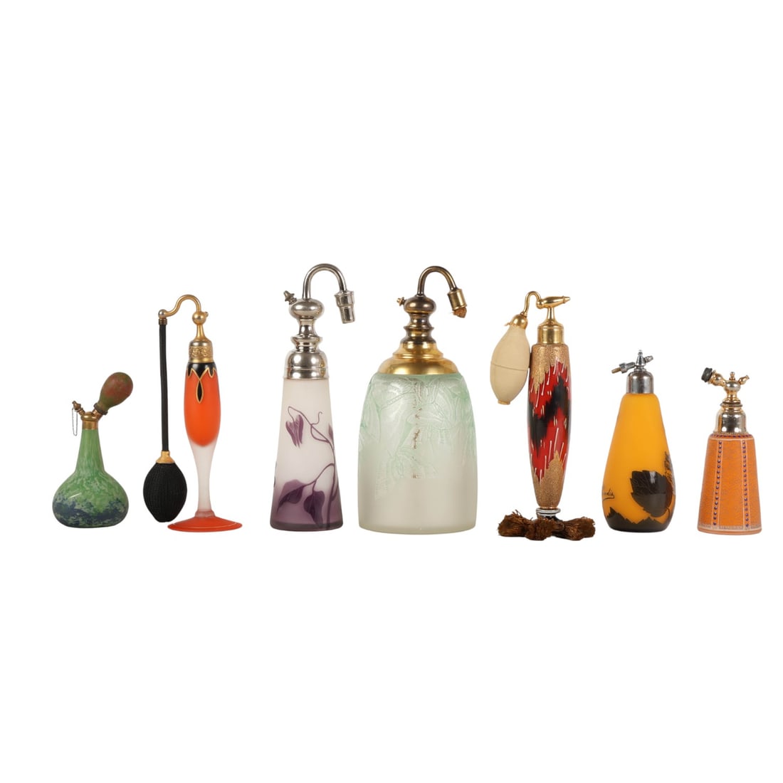 DeVilbiss Paradis Atomizer Perfume Bottles 7pc LOT: Vanity estate grouping of seven Art Deco style glass scent atomizers that feature various forms and colors, including cameo cut, enamel decorated, and acid etched items. Each fitted with metal mounts,