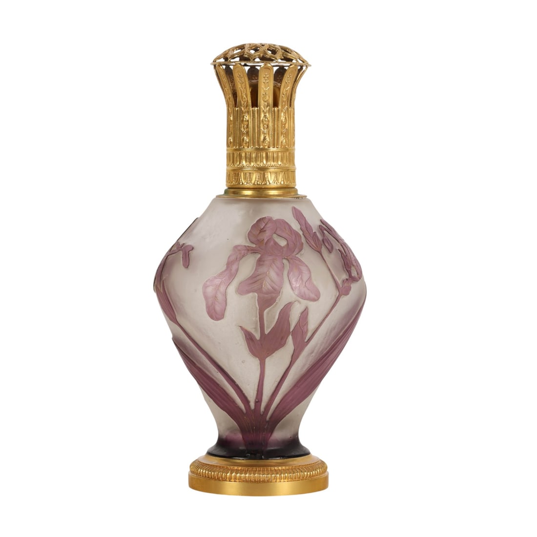 Schverer & Co Verrerie d'Art de Lorraine Burner: Burgun Schverer & Co Verrerie d'Art de Lorraine Art Glass Vase Diffusion Lamp. The glass body features cut back cameo floral stylized lily design in relief. Fitted with a brass mount, diffuser cage, b