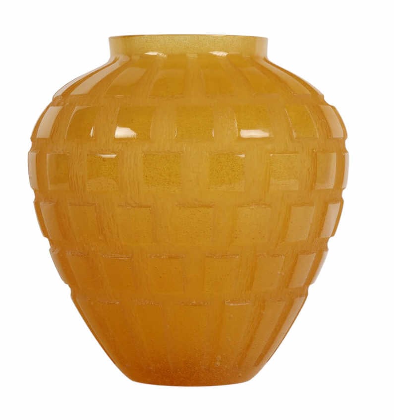 Daum France Pate de Verre Glass Yellow Deco Vase: Daum France pate de verre art glass vase featuring yellow amber-toned glass with an Art Deco design and a grid-textured surface with alternating frosted and polished segments. Signed on the