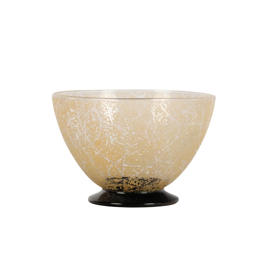 Daum Nancy French Art Deco Frosted Glass Dish Bowl: Daum Nancy studio blown art glass bowl. Features an etched and frosted surface detail in yellow and white tones with an applied circular black glass foot. Engraved name along the base.Dimensions: 4.5