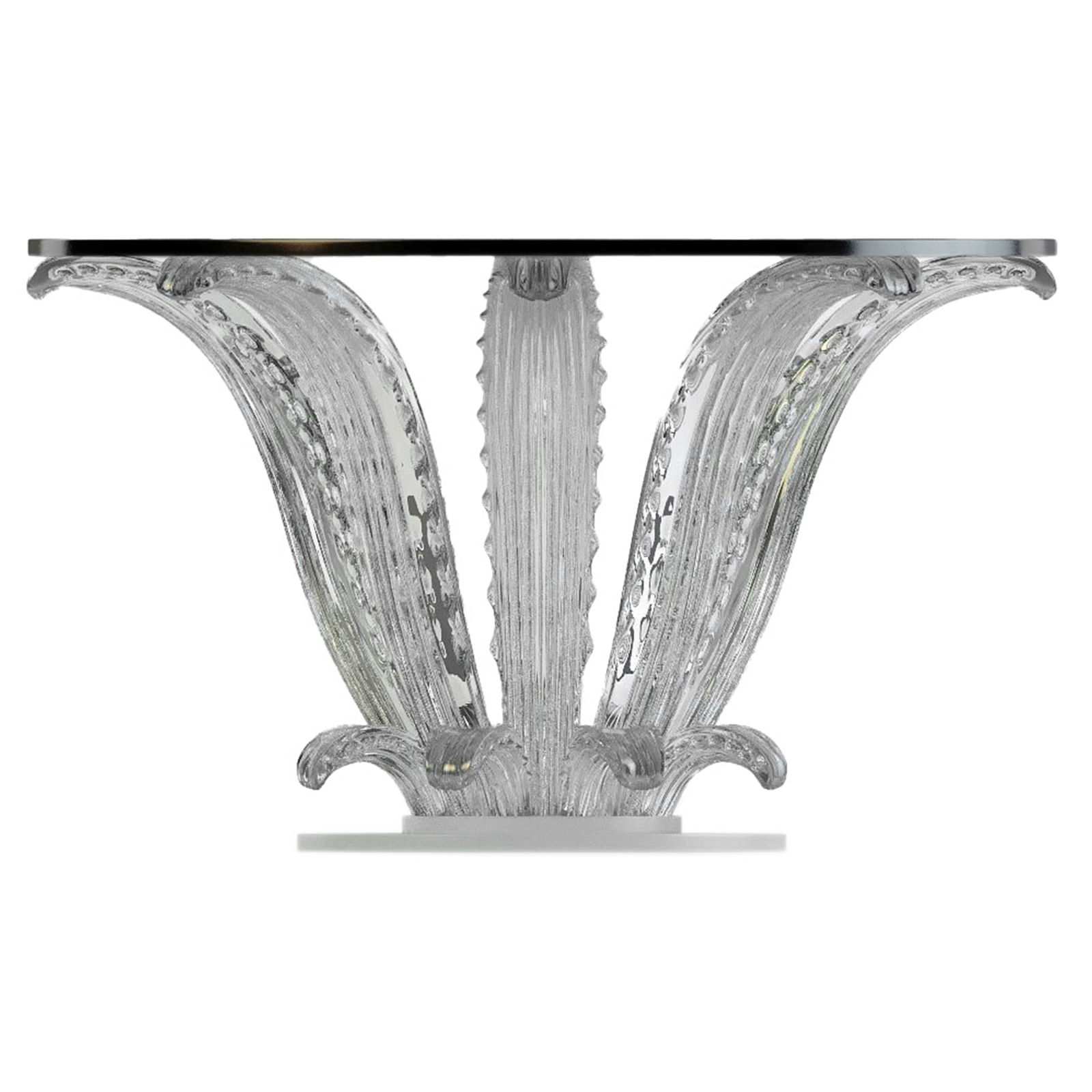 Lalique French Crystal Cactus Dining Table SIGNED: Lalique France Cactus table base, featuring molded crystal sculptural cactus columns with repeated ribbed and nodular detailing and a chromed metal ring, designed to support a round tabletop. The tabl