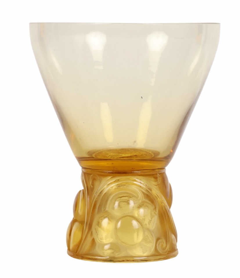 Rene Lalique Mariental Studio Art Deco Glass Vase: French Art Deco studio glass vessel modeled by Rene R Lalique in the Marienthal pattern. The amber colored vase features a wide flared bowl above a molded cylindrical base with raised scroll and