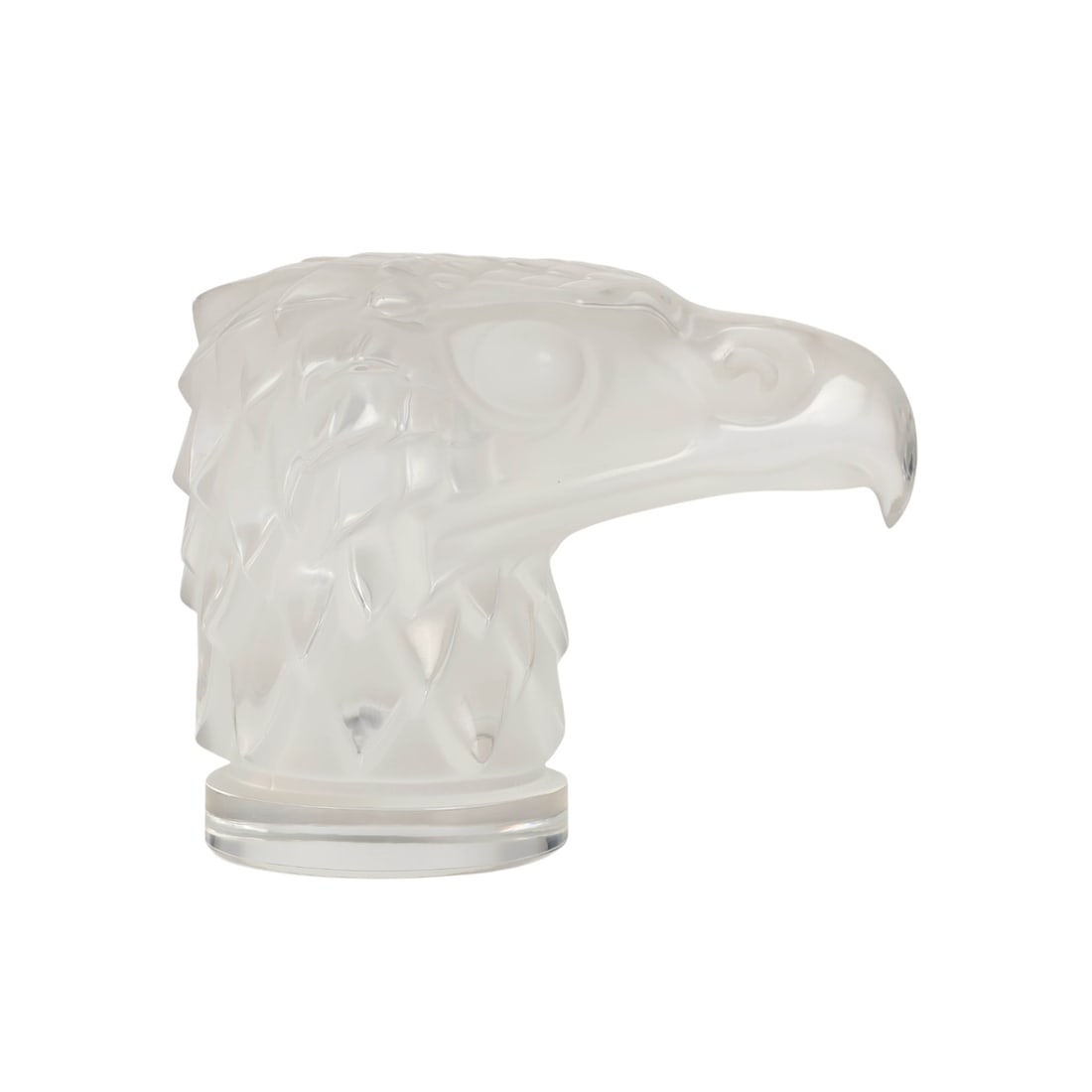 Lalique French Crystal Eagle Head Hood Ornament: Lalique France, a French crystal eagle's head hood ornament mascot sculpture in the Art Deco style. Rendered with striking detail, the piece showcases a stylized eagles head with frosted and polished