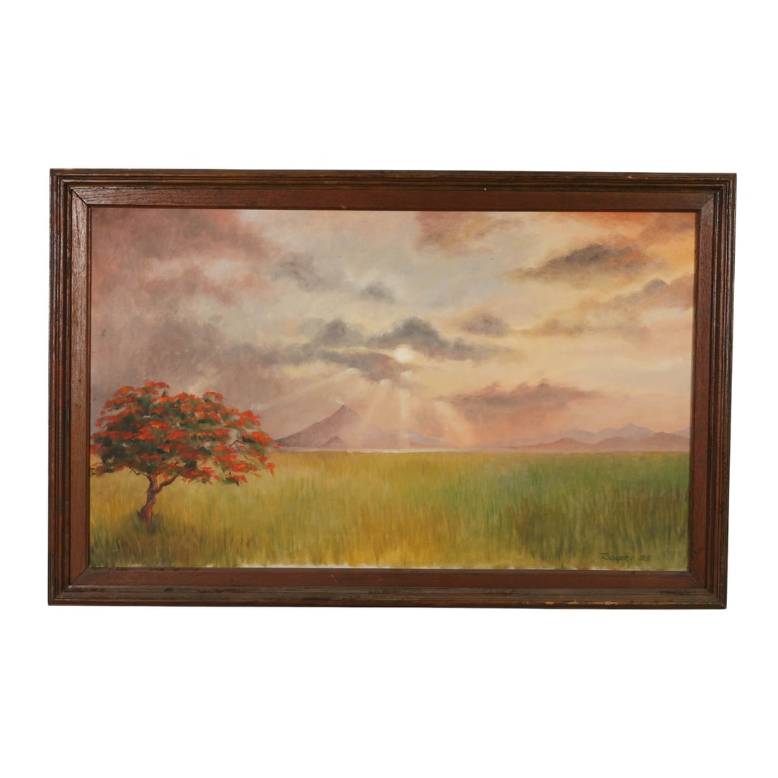 Red Poinciana Tree Landscape Oil Painting SIGNED: Late 20th century oil painting on canvas. Composition features an orange red Poinciana tree in a grassy field with mountains in the background under a clouded sky. Signed lower right corner and dated