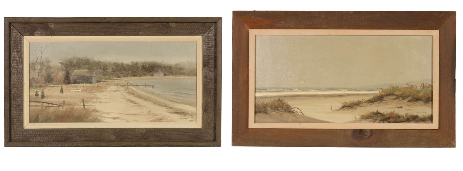 Herman Lathan Kent 1930-2010 Landscape Paintings: Herman Latham Kent (American, 1930-2010), lot of two original oil paintings on canvas. One depicts a shoreline with a structure and dock, while the other shows dunes and surf. Each signed lower right