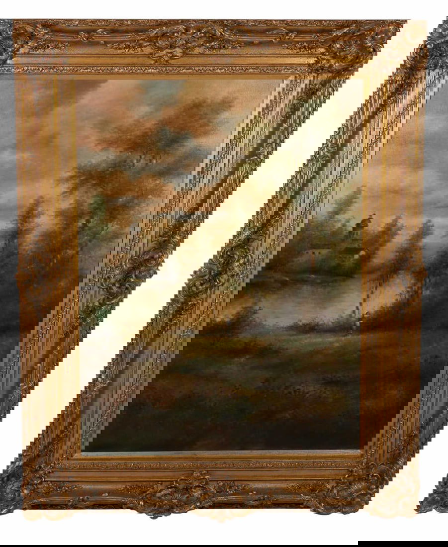 W Eddie b.1955 Impressionist Landscape Painting: W. Eddie (American/China, born 1955), an oil on canvas painting depicting a serene European landscape. A solitary figure stands near the edge of a reflective lake, surrounded by lush trees and vegetat