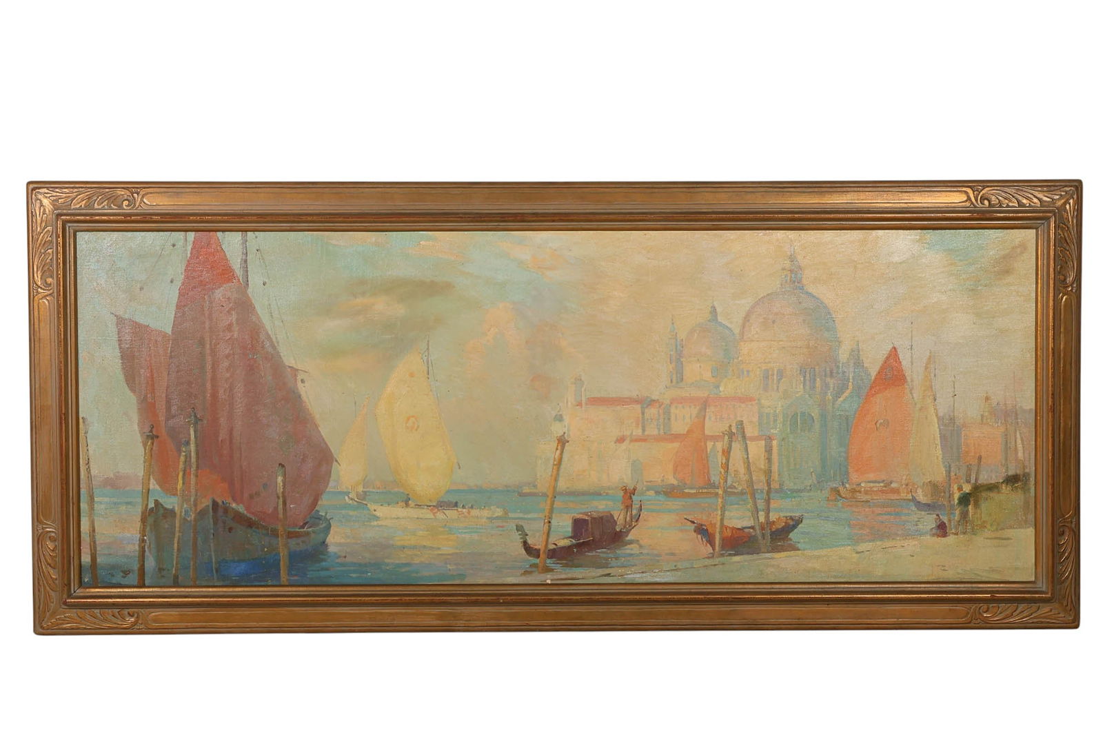 Antique Italian Venetian Canal Landscape Painting: Antique oil painting on board depicting a Venetian canal scene with gondolas, sailing vessels, and architectural landmarks along the waterfront. The composition includes figures, moored boats, and dom