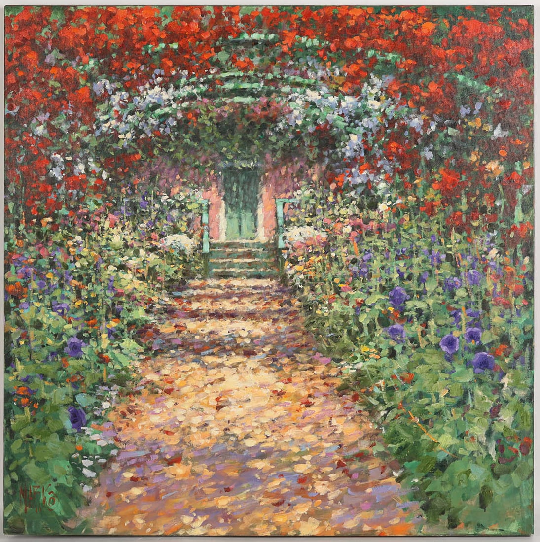 Marko Mavrovich b.1960 Garden Scene Oil Painting: Marko Mavrovich (Croatian, born 1960), Conversations with Monet, an oil painting on canvas depicting a sunlit garden pathway leading toward an arched doorway, evoking the lush floral surroundings of C