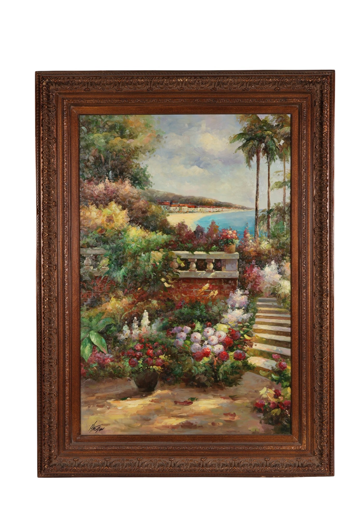 Mediterranean Coastal Garden Scene Painting SIGNED (1 of 7)