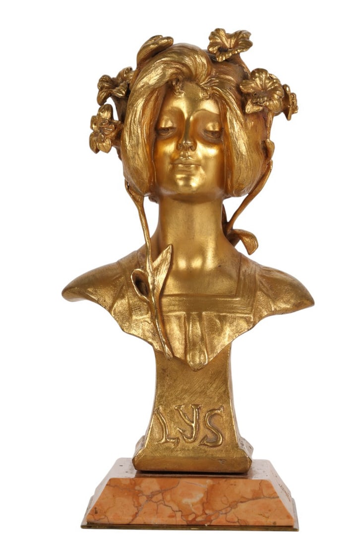 Julien Causse 1869-1914 Art Nouveau Bust Sculpture: Julien Causse (French, 1869-1914), Art Nouveau bronze bust titled Lys. Depicts a female figure with floral headpiece, mounted on a shaped marble multicolored veined plinth. Signed J. Causse on reverse