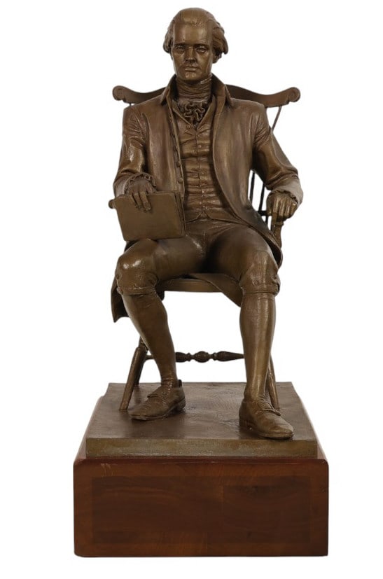 Thomas Jefferson Bronze Sculpture by Tony Frudakis: Anthonny Frudakis (American, born 1953) cast bronze sculpture of Thomas Jefferson, the American Founding Father and the third President of the United States from 1801-1809. Features him seated in a sp