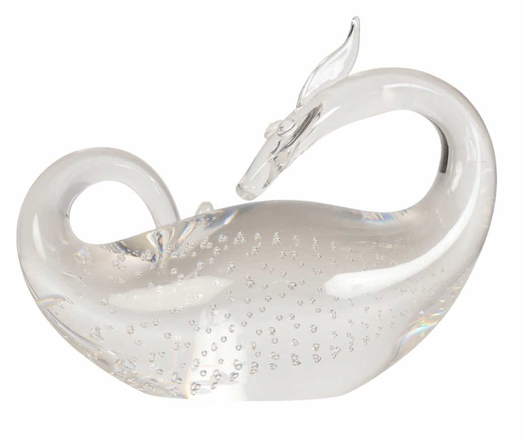 Steuben Crystal Dragon Studio Art Glass Sculpture: Steuben clear crystal art glass sculpture, model #8249. designed by Bernard X Wolff ( American, 1916-1998). . Depicts a stylized dragon with arched neck and curled tail, detailed with controlled bubbl