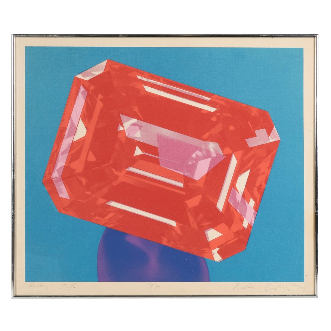 Richard Bernstein 1939-2002 Ruby AP Screenprint: Richard Bernstein (American, 1939-2002), Ruby, 1978, color screenprint on paper depicting a large faceted gemstone set against a bold, graphic ground, executed in the artists signature Pop Art style.