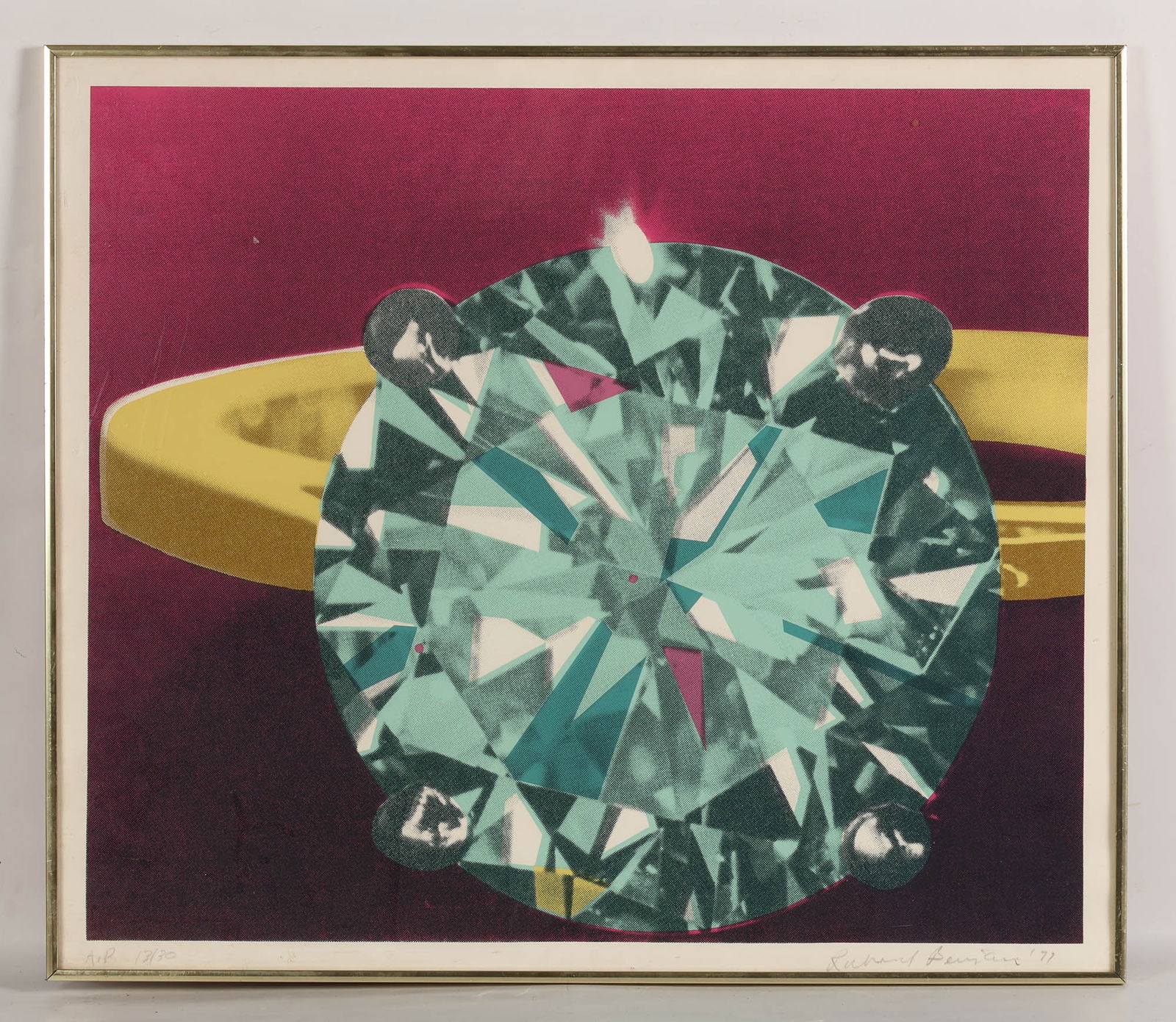 Richard Bernstein 1939-2002 Diamond AP Screenprint: Richard Bernstein (American, 1939-2002), Diamond Ring, 1979, color screenprint on paper depicting a large faceted gemstone set against a bold, graphic ground, executed in the artists signature Pop Art
