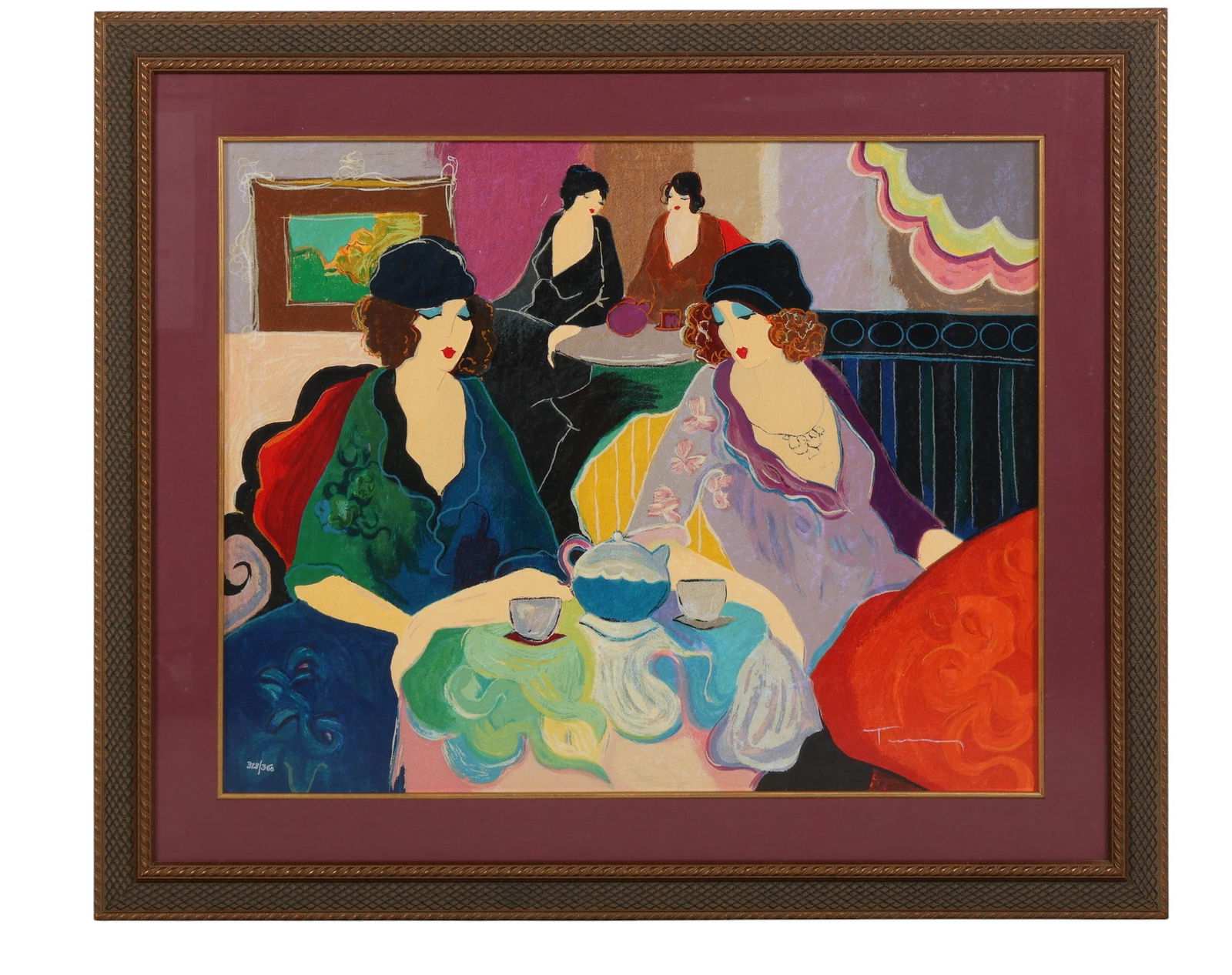 Itzchak Tarkay 1935-2012 Tea Time Serigraph SIGNED: Itzchak Tarkay (Israeli, 1935-2012), color serigraph on paper depicting four women in an interior cafe setting. The work features bold colors and a stylized composition characteristic of the artists w