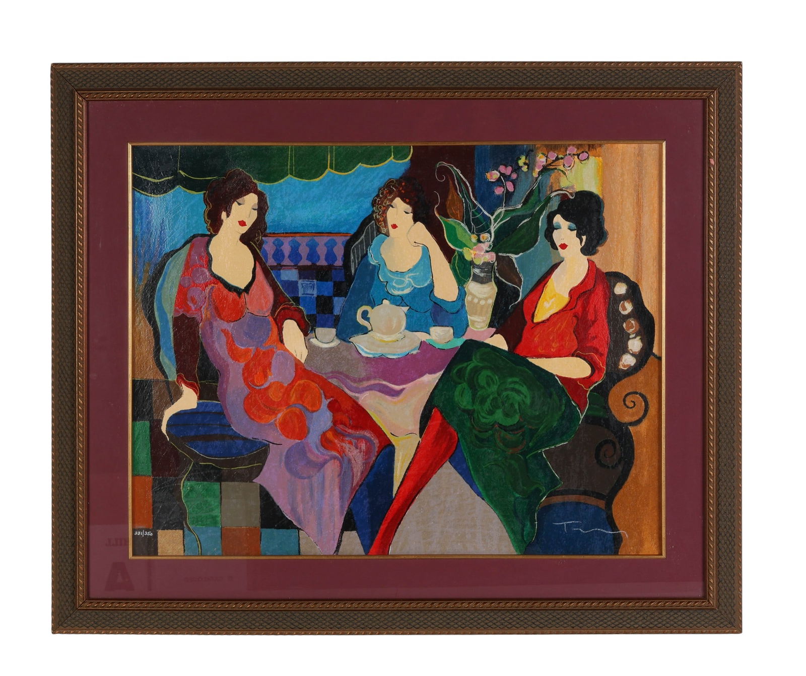 Itzchak Tarkay 1935-2012 Woman Serigraph SIGNED: Itzchak Tarkay (Israeli, 1935-2012), color serigraph on paper depicting three seated women in a stylized interior scene with bold colors and patterned elements. Signed lower right and numbered 331/350